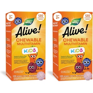 image:imageNatures Way Alive Childrens Chewable Multivitamin Kids Multivitamin with Orchard Fruits and Garden Veggies Powder Blend Daily Kids Vitamins for Nutritional Support Cherry Flavor 120 Tablets120 Count Pack of 2