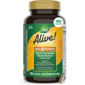 image:imageNatures Way Alive Max6 Potency Adult Complete Multivitamin with Iron Antioxidant Vitamins A C E BVitamins Including Methylated B12 amp Folate Energy Metabolism Support 180 Capsules180 Count Pack of 1