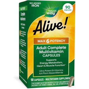 image:imageNatures Way Alive Max6 Potency Adult Complete Multivitamin with No Iron Added Antioxidant Vitamins A C E BVitamins Including Methylated B12 amp Folate Energy Metabolism Support 90 Capsules