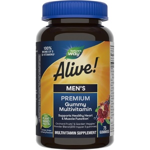image:imageNatures Way Alive Mens Premium Gummy Multivitamin Supplement Supports Healthy Heart Muscle Function Full BVitamin Complex Orange Grape Cherry Flavored 75 Gummies Packaging May Vary