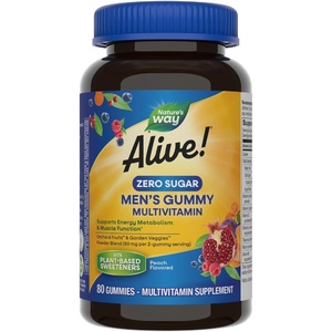 image:imageNatures Way Alive Zero Sugar Mens Gummy Multivitamins Energy Metabolism Muscle Function BVitamins No Sugar Alcohols PlantBased Sweeteners Peach Flavored 80 Gummies