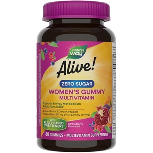 image:imageNatures Way Alive Zero Sugar Womens Gummy Multivitamins Energy Metabolism Hair Skin Nails BVitamins No Sugar Alcohols PlantBased Sweeteners Strawberry Flavored 80 Gummies