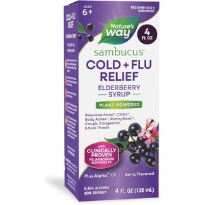 image:imageNatures Way Sambucus Cold  Flu Relief Elderberry Syrup Homeopathic Formula Speeds Recovery from Fever1 Body Aches1 Chills1 Cough Congestion Sore Throat Berry Flavored 4 Fl Oz
