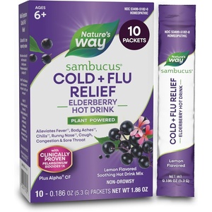 image:imageNatures Way Sambucus ColdFlu Relief Elderberry Hot Drink MultiSymptom Homeopathic Relief for Fever1 Body Aches1 Cough Congestion Sore Throat NonDrowsy 10 LemonFlavored Packets